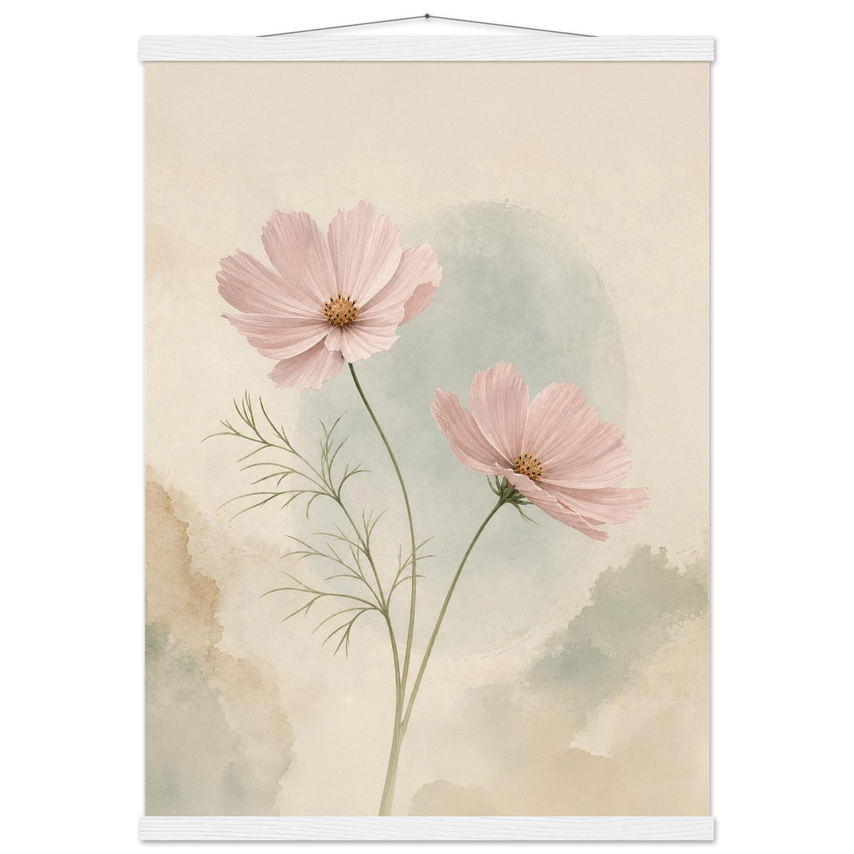 Cosmos Unison: flowers, blush and celadon. Fine art poster with wooden hanger by The Light Stays.
