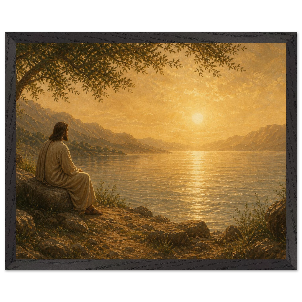 Quadro cristão Bênção do Lago, Jesus sob uma oliveira diante de um lago dourado