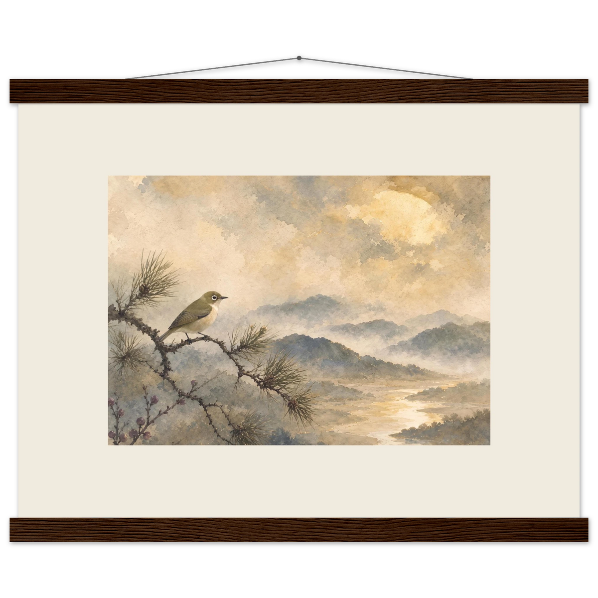 Golden Moon Bird, japanese art and japandi. Archival fine art poster shown framed.