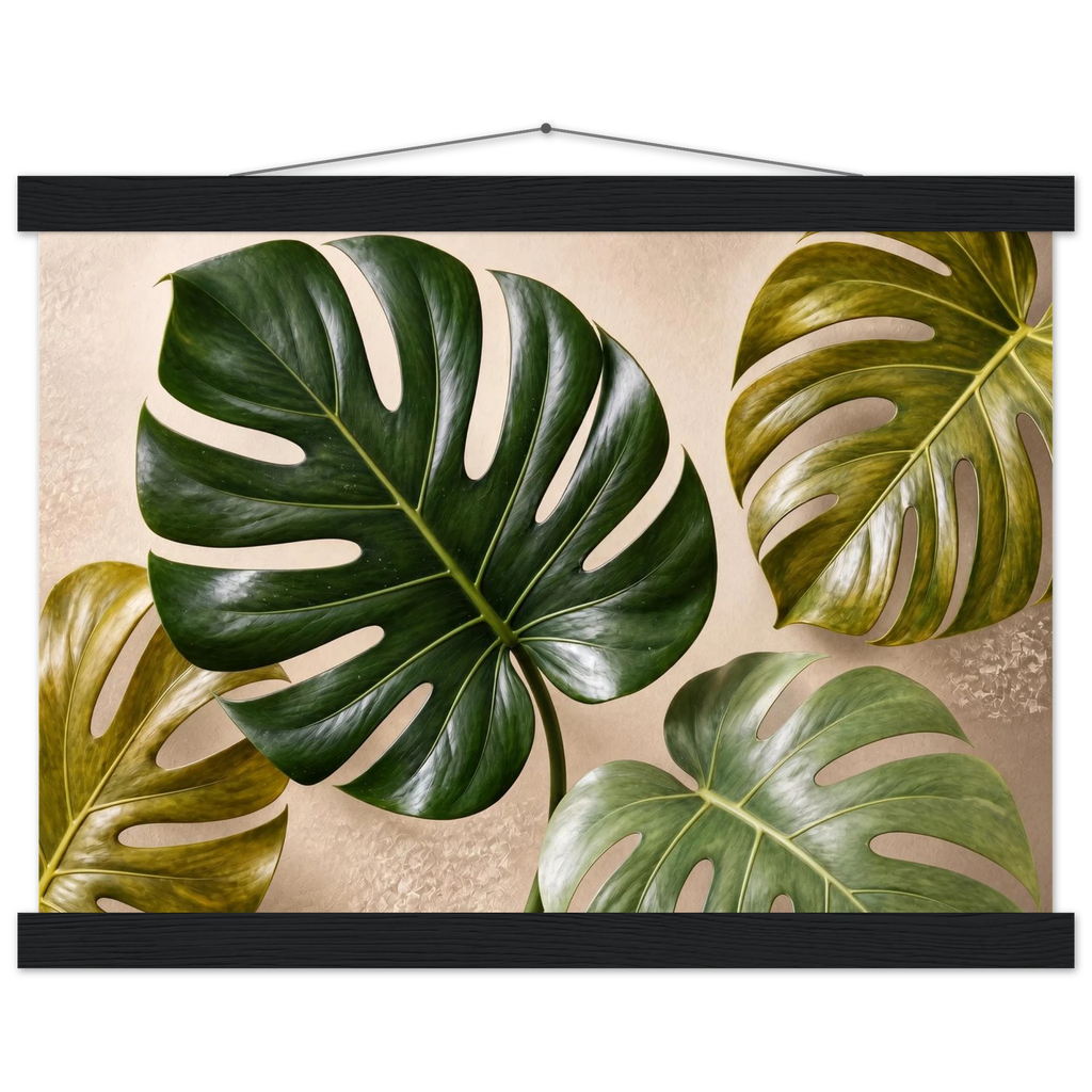Four Greens: leaves, vivid green and impasto. Fine art poster, alternate frame and size.