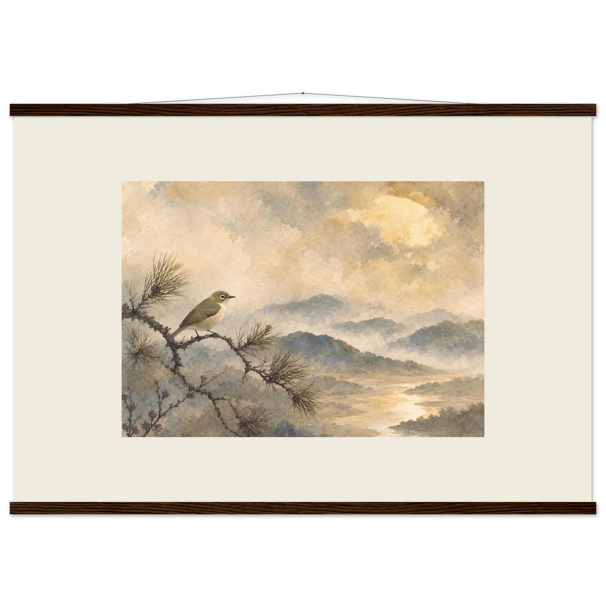 Golden Moon Bird: japanese art and japandi. Museum-quality fine art poster.
