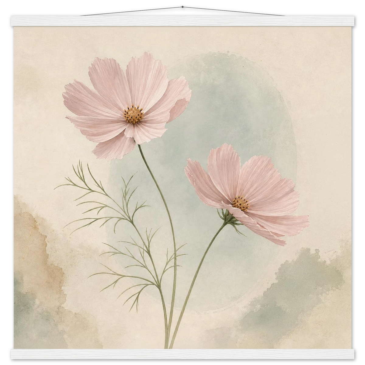 Cosmos Unison: flowers, blush and celadon. Fine art poster with wooden hanger by The Light Stays.