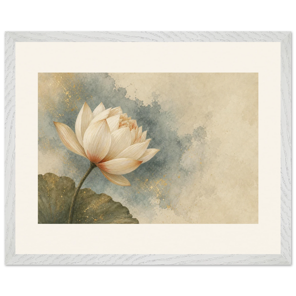 First Lotus Light, flowers and botanical. Archival framed fine art print shown framed.