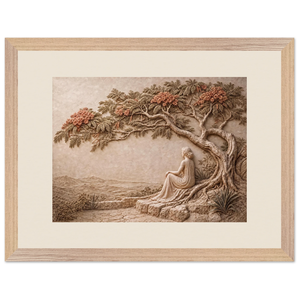 Under the Blossoms: impasto, figure and blossoming canopy. Framed fine art print by The Light Stays.