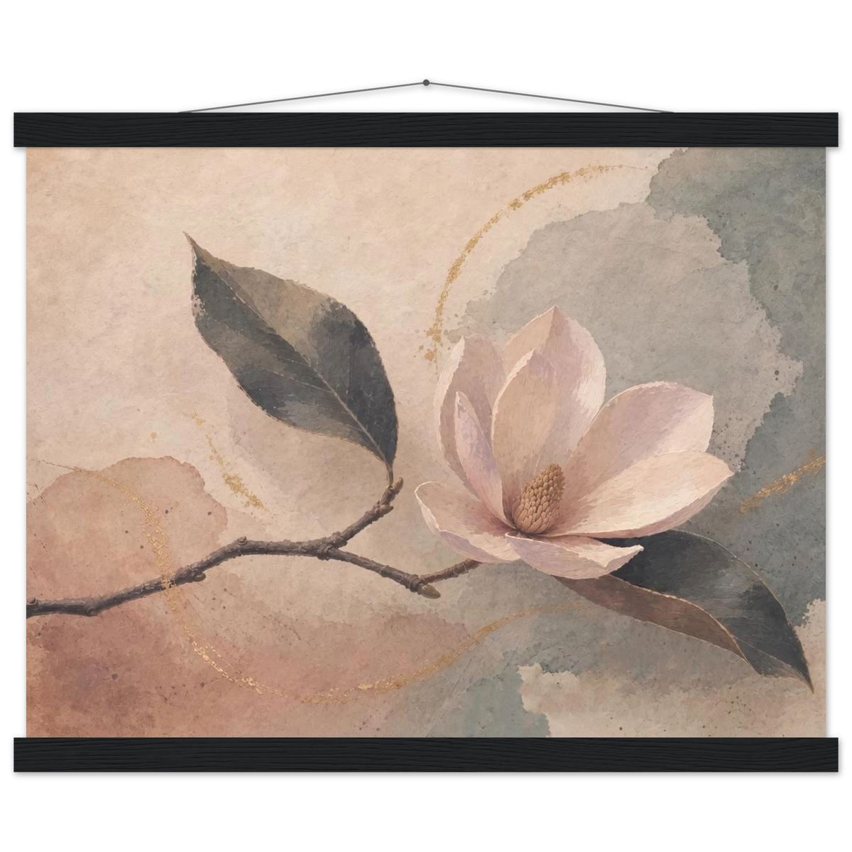 Magnolia Reverie: botanical, sage and japandi. Fine art poster with wooden hanger by The Light Stays.