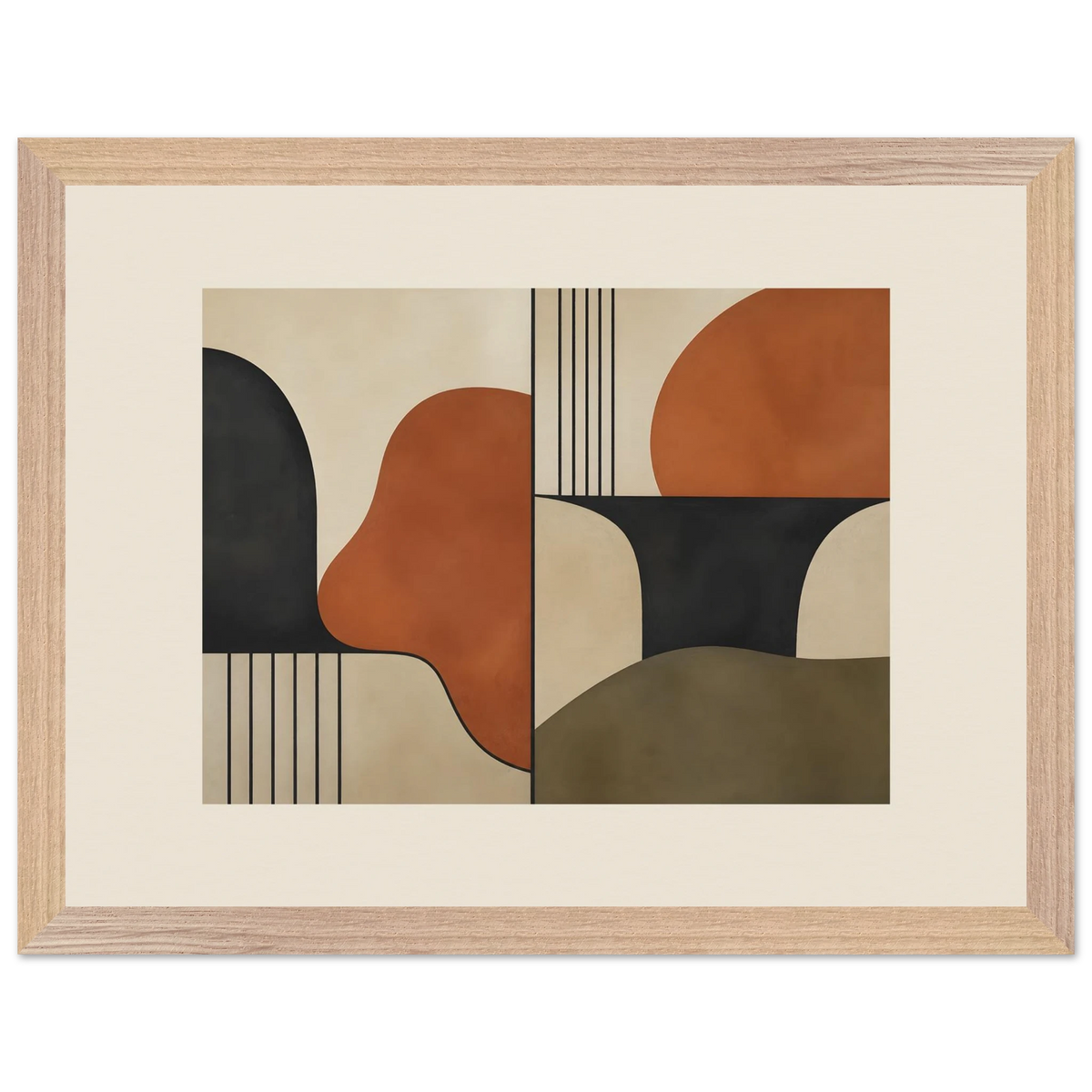 Compass and Clay: geometric abstract, clay and curves. Framed fine art print, alternate frame and size.