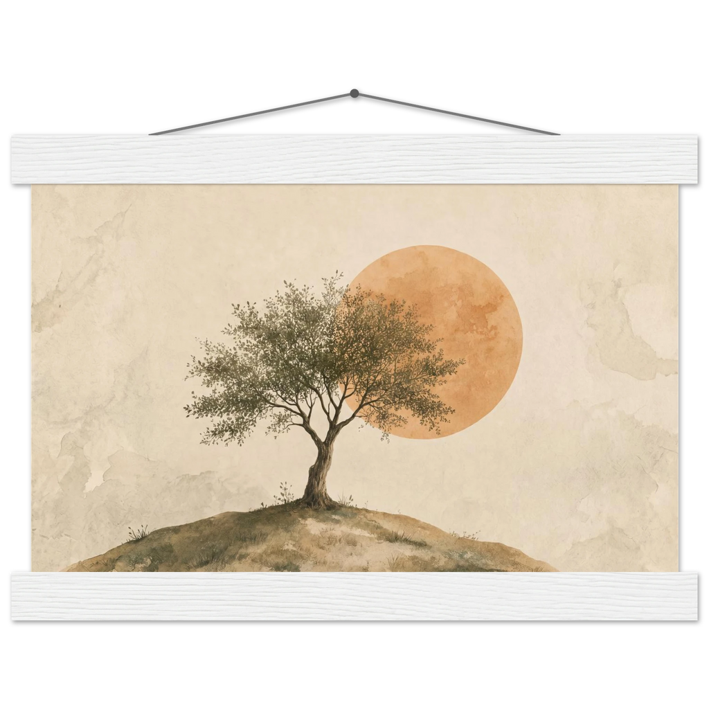Pôster Olive Noon com suporte de madeira, oliveira diante de grande sol âmbar