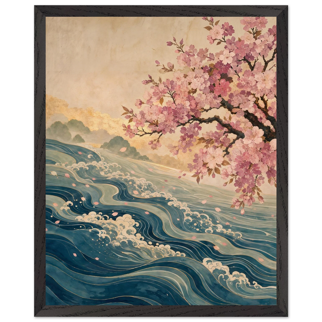 Blossom Tide: japanese art, cherry blossom and wave. Museum-quality framed fine art print.