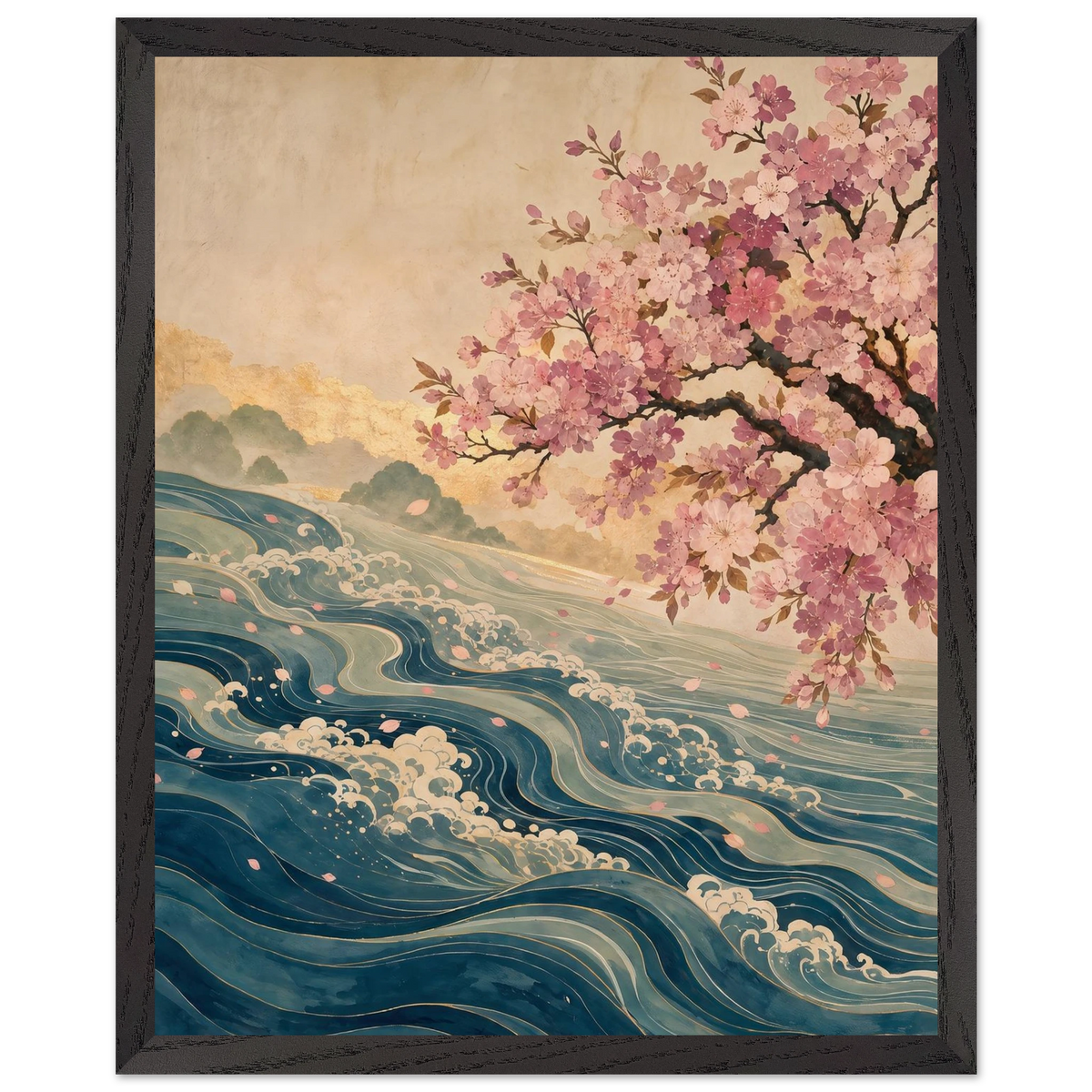 Blossom Tide: japanese art, cherry blossom and wave. Museum-quality framed fine art print.