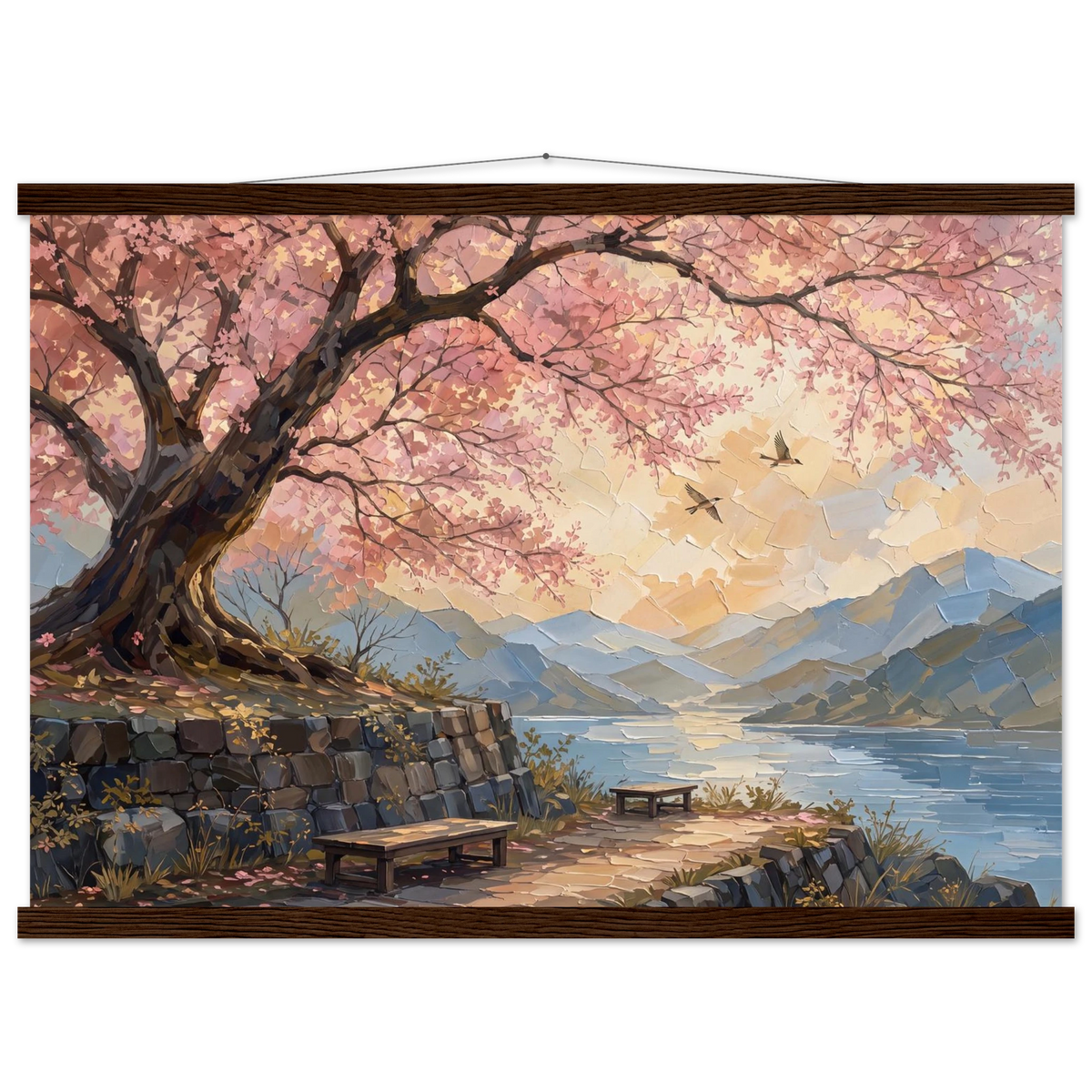 Cherry Blossom Lake: japanese art, sunset and japandi. Fine art poster with wooden hanger by The Light Stays.