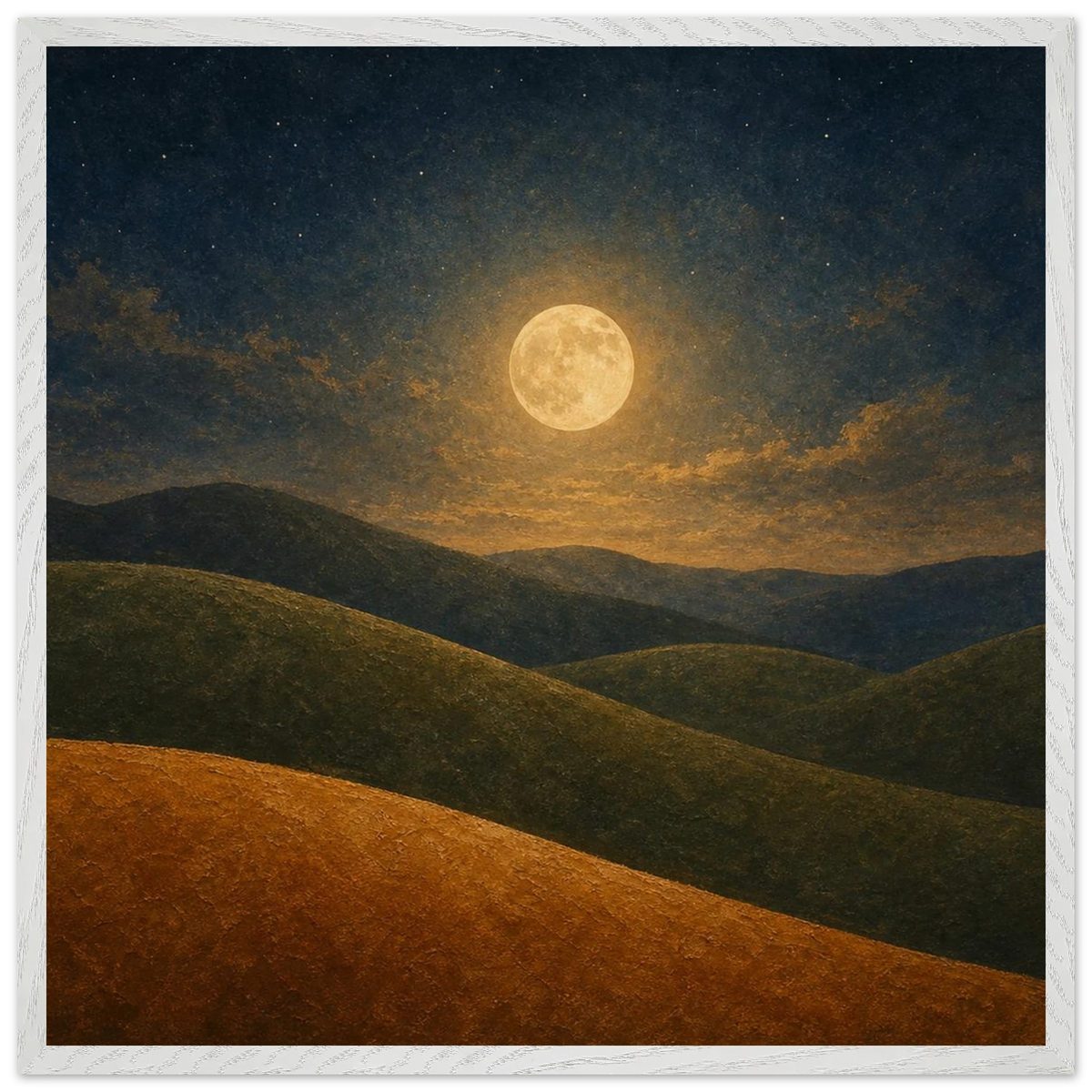 Moon Hills: night, minimalist landscape and charcoal. Framed fine art print by The Light Stays.