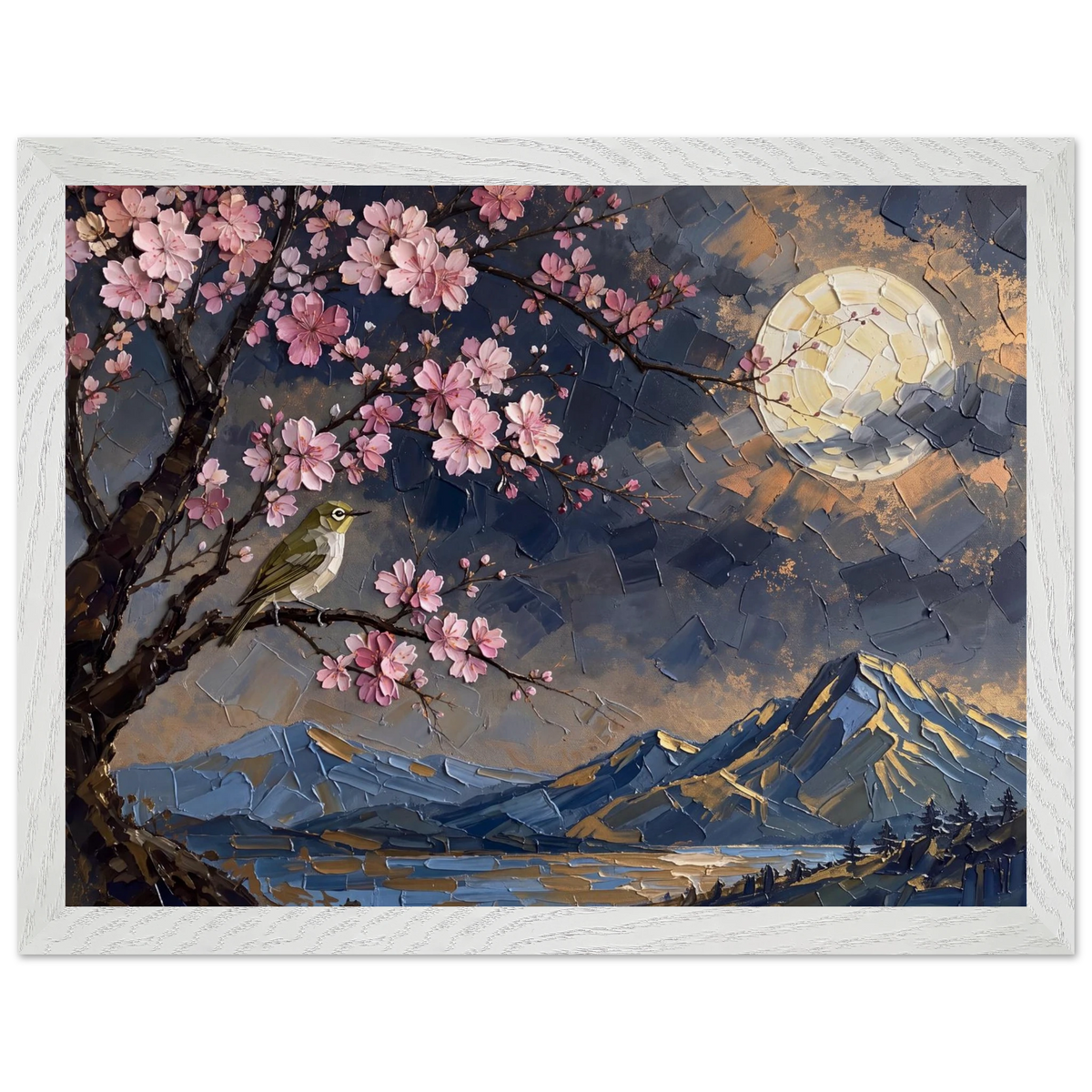 Blossom Moon: cherry blossom, japanese landscape and night. Framed fine art print by The Light Stays.