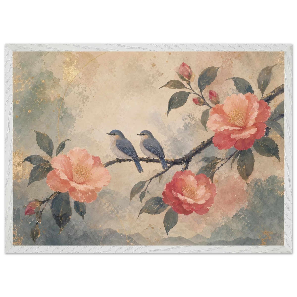 Camellia Birds: flowers and botanical. Framed fine art print, alternate frame and size.