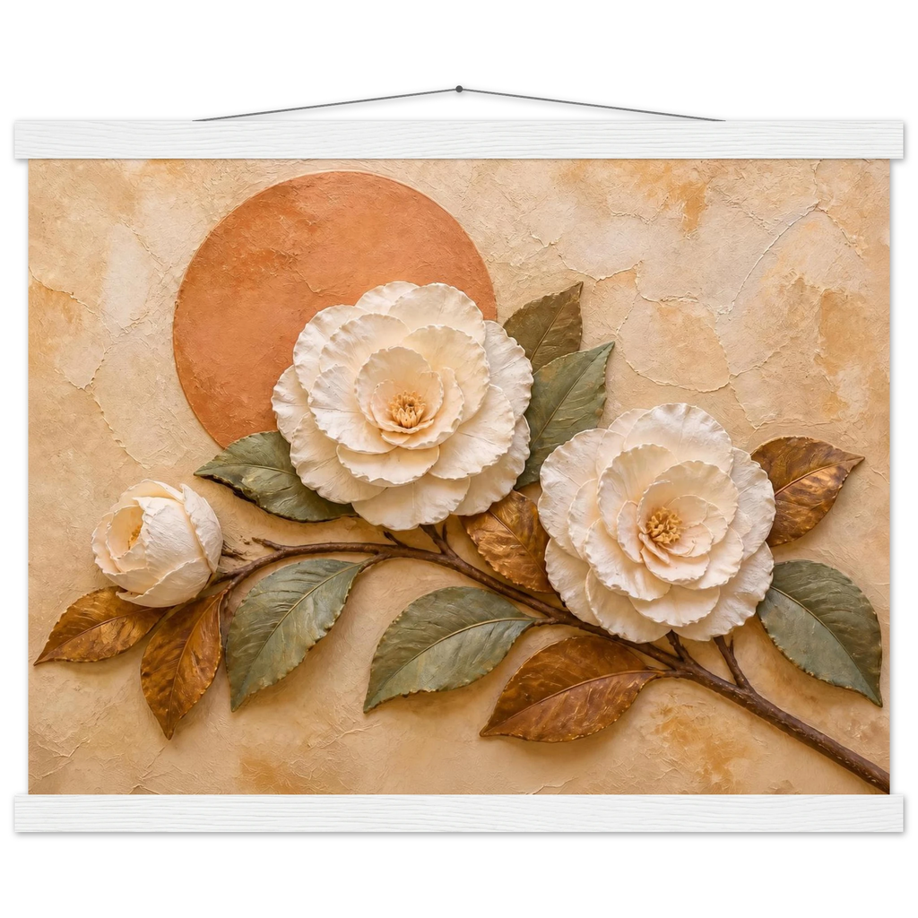 Camellia Eclipse, flowers and botanical. Archival fine art poster shown framed.