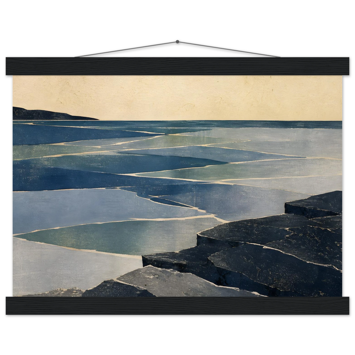 Indigo Tide: coastal landscape, jade water and japandi. Fine art poster with wooden hanger by The Light Stays.