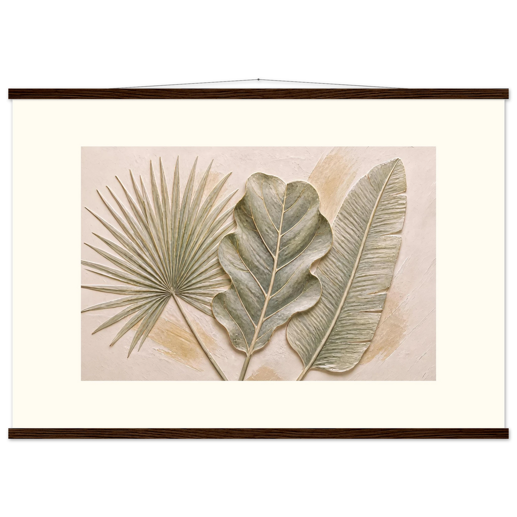 Three Leaves, botanical and nature. Archival fine art poster shown framed.