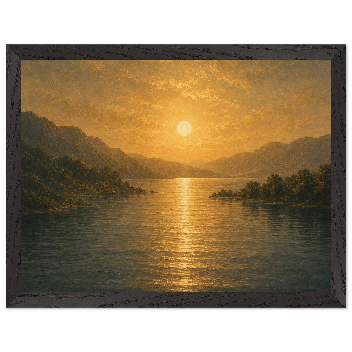 Golden Reflection: lake, sunset and mountains. Framed fine art print by The Light Stays.