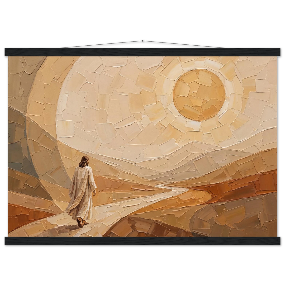 Lightfall: jesus, landscape and golden tones. Fine art poster with wooden hanger by The Light Stays.