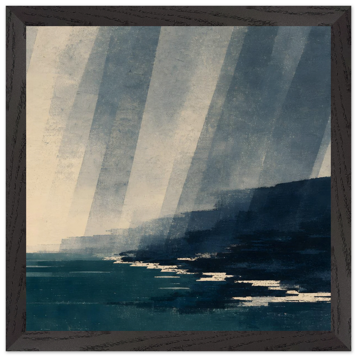 Rain Coast: japandi, teal blue and atmosphere. Framed fine art print by The Light Stays.