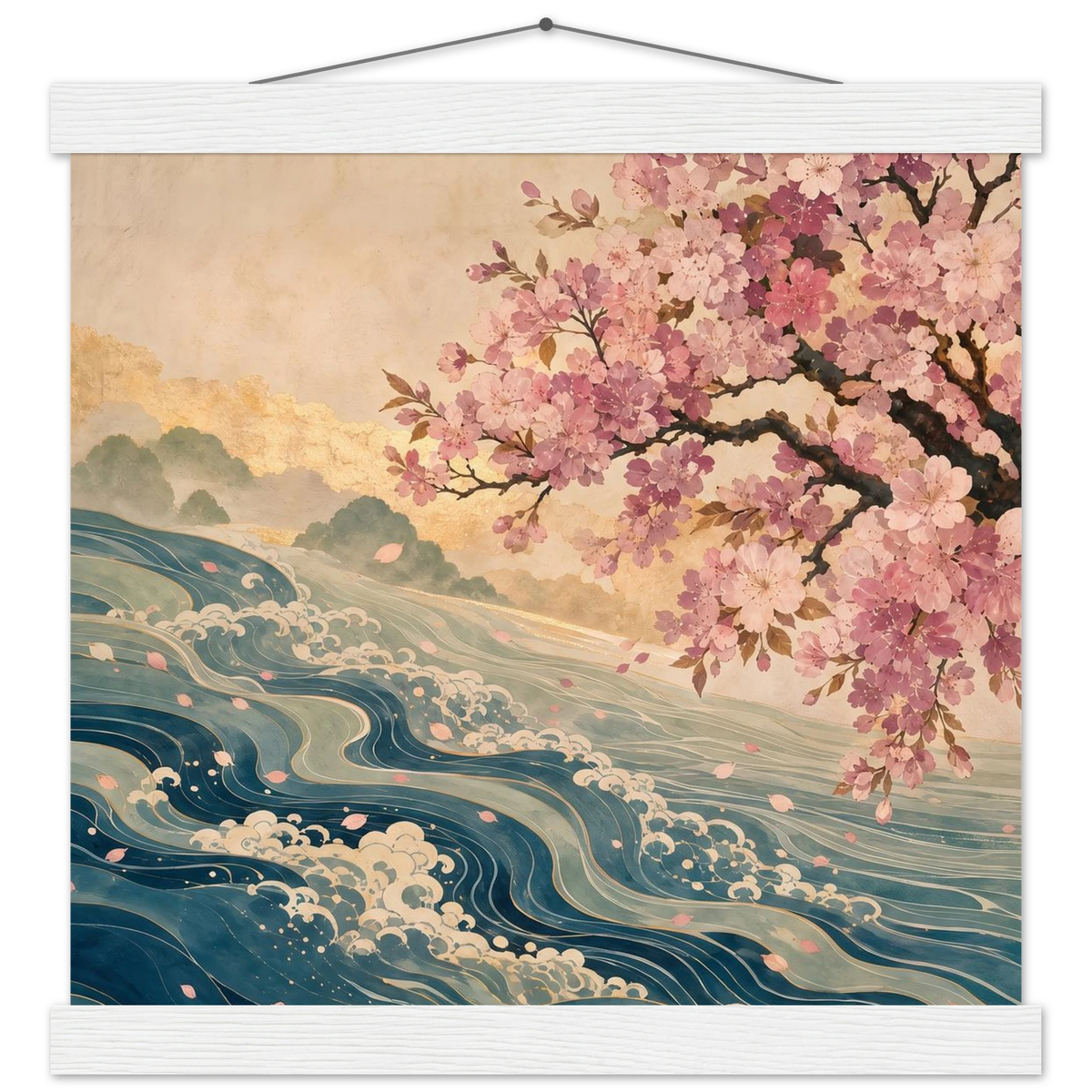Blossom Tide: japanese art, cherry blossom and wave. Fine art poster with wooden hanger by The Light Stays.