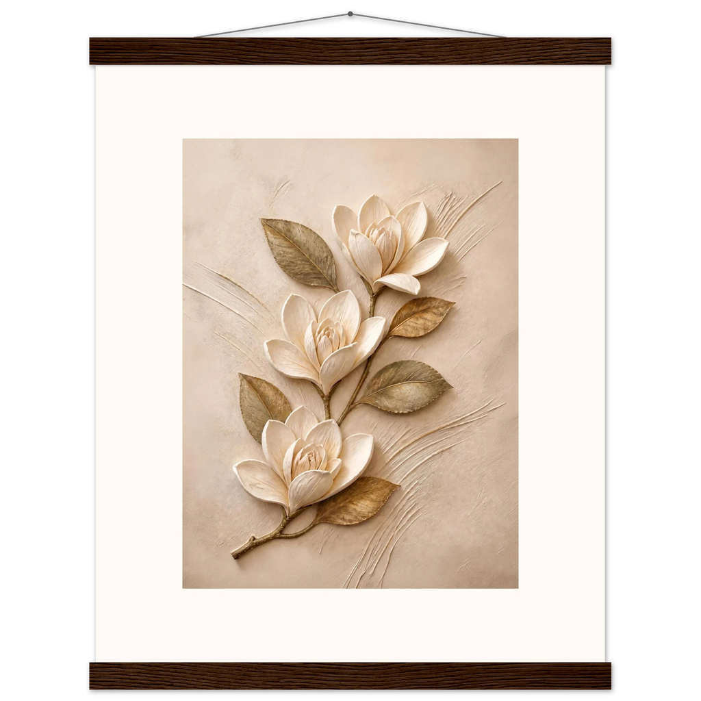 Magnolia Ascent, flowers and botanical. Archival fine art poster shown framed.