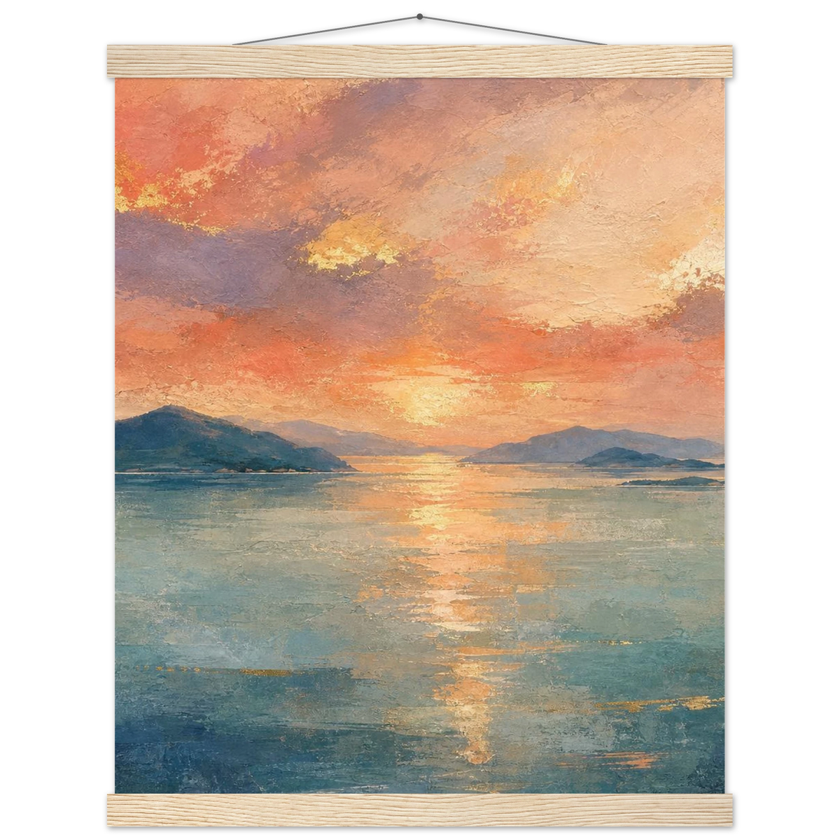 Setouchi Peach Dawn: inland sea, islands and golden reflection. Fine art poster with wooden hanger by The Light Stays.