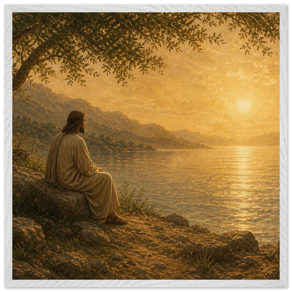 Quadro cristão Bênção do Lago, Jesus sob uma oliveira diante de um lago dourado