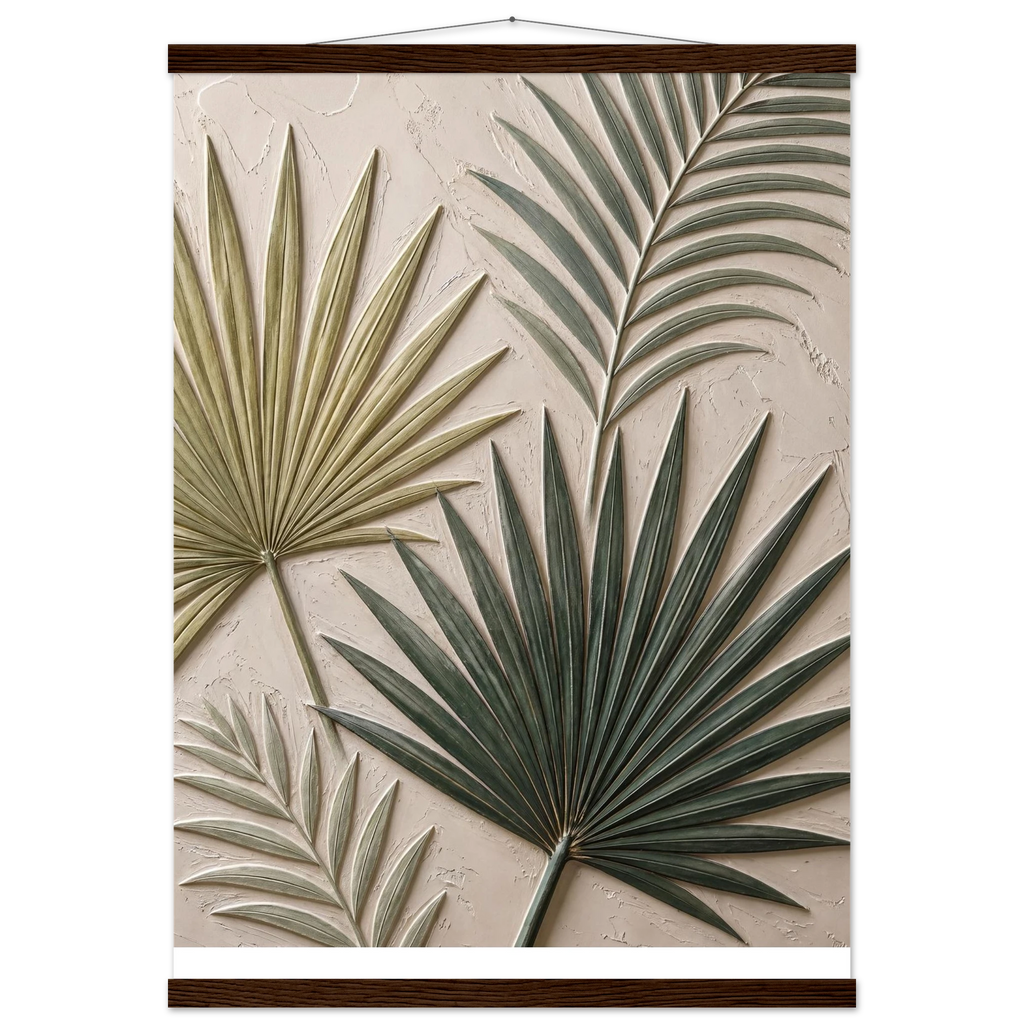 Carved Fronds: impasto, leaves and sand tones. Fine art poster, alternate frame and size.