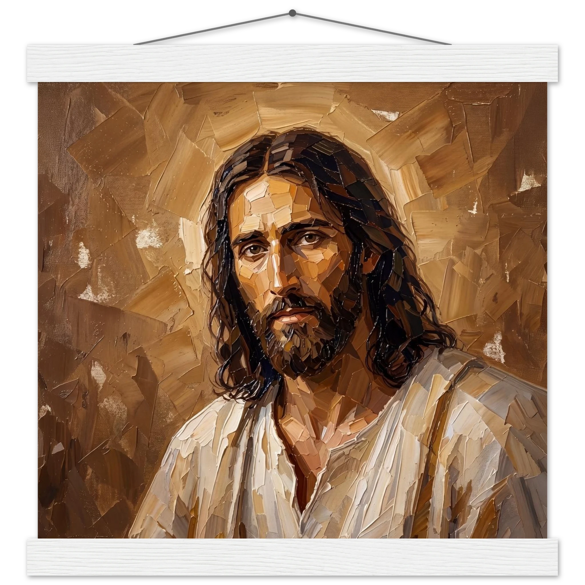 Kind Eyes: jesus, faith and serene gaze. Fine art poster with wooden hanger by The Light Stays.