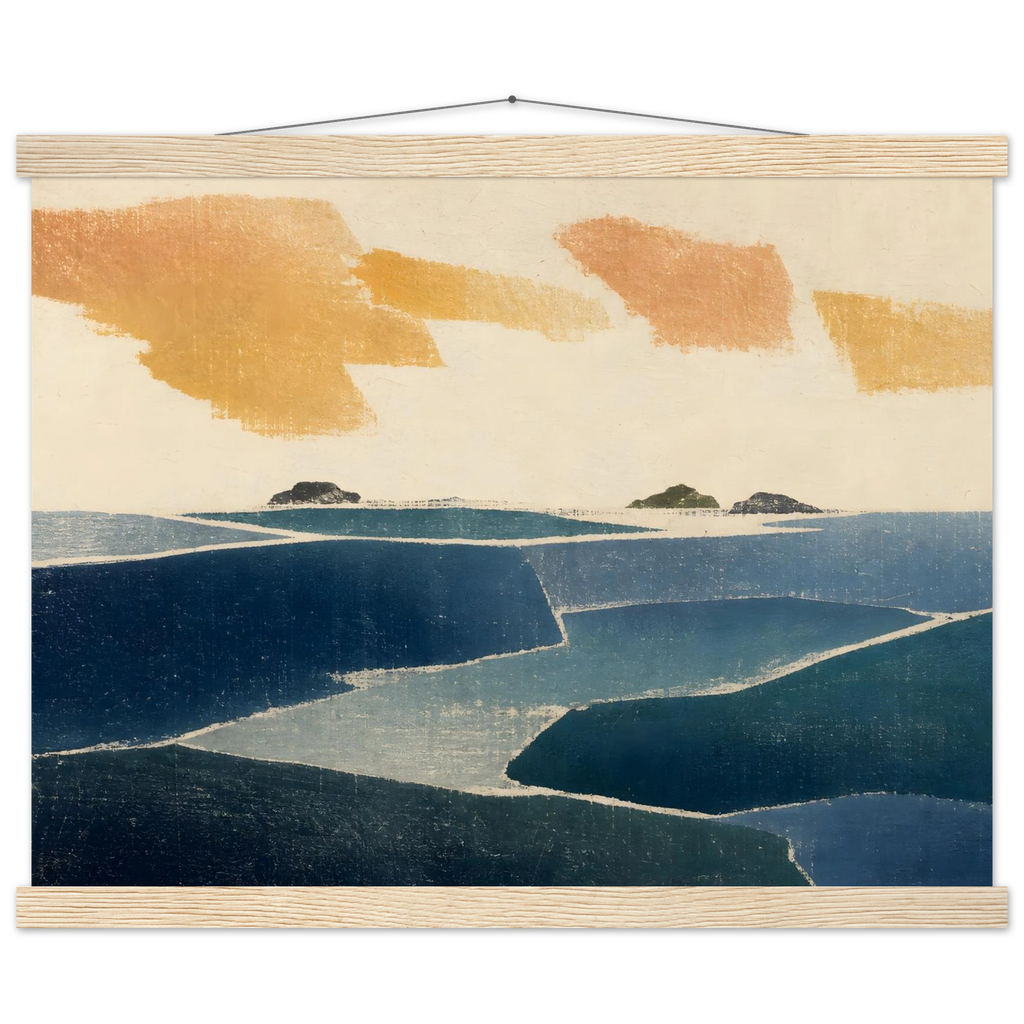 Amber and Indigo, abstract, coastline and color field. Archival fine art poster shown framed.