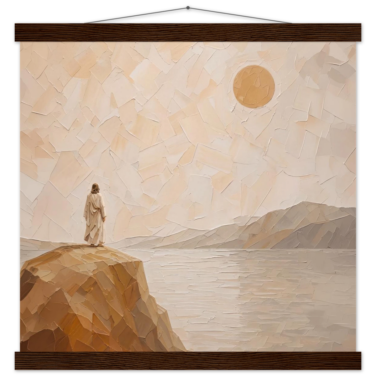 Salt Shore: jesus, cliff and sea. Fine art poster with wooden hanger by The Light Stays.