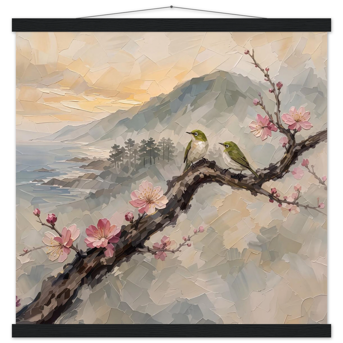 Plum Branch Pair: birds, japanese landscape and japandi. Fine art poster with wooden hanger by The Light Stays.
