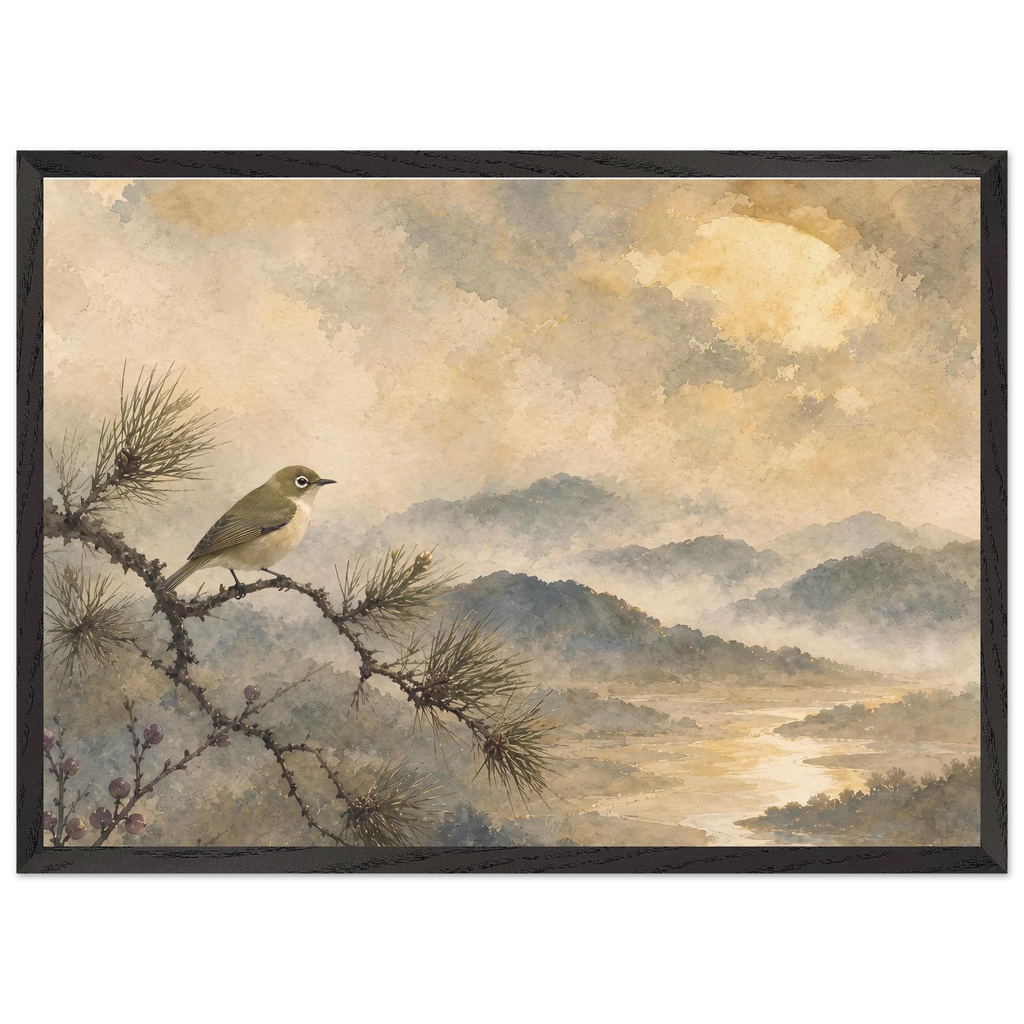 Golden Moon Bird: japanese art and japandi. Museum-quality framed fine art print.
