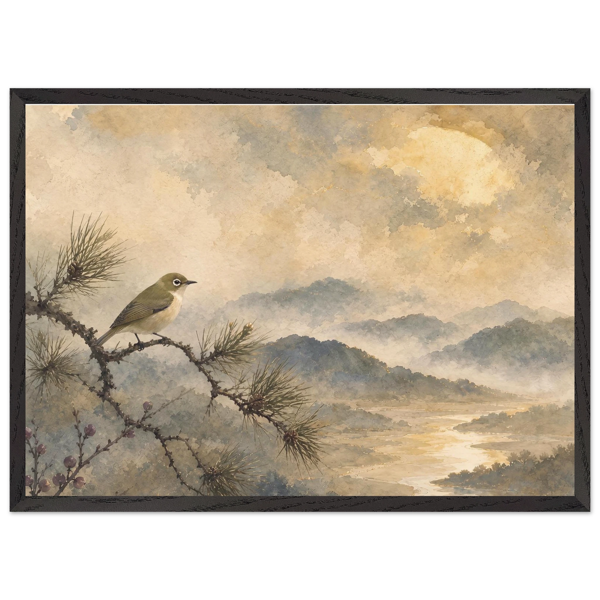 Golden Moon Bird: japanese art and japandi. Museum-quality framed fine art print.