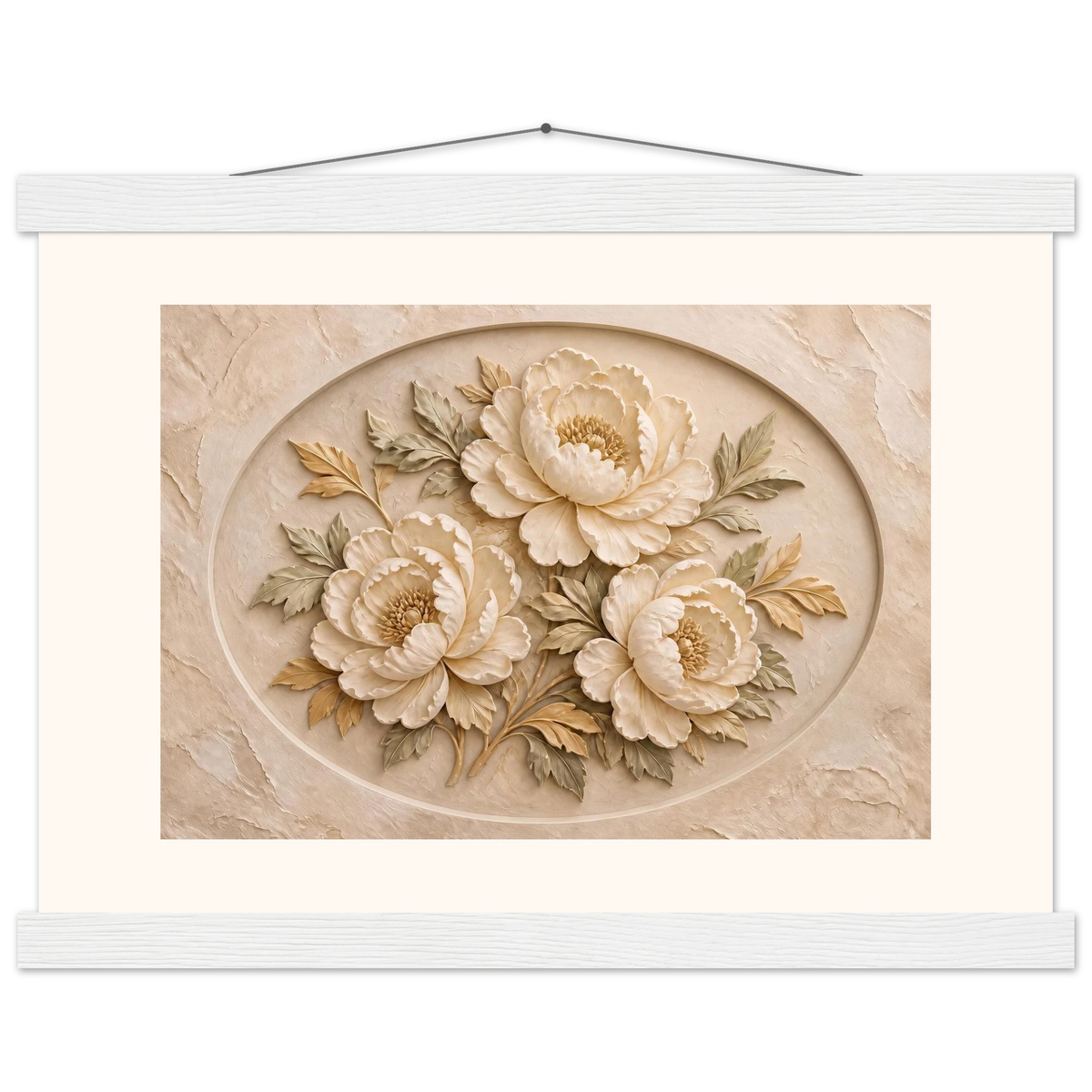 Peonies in Stone, flowers and botanical. Archival fine art poster shown framed.