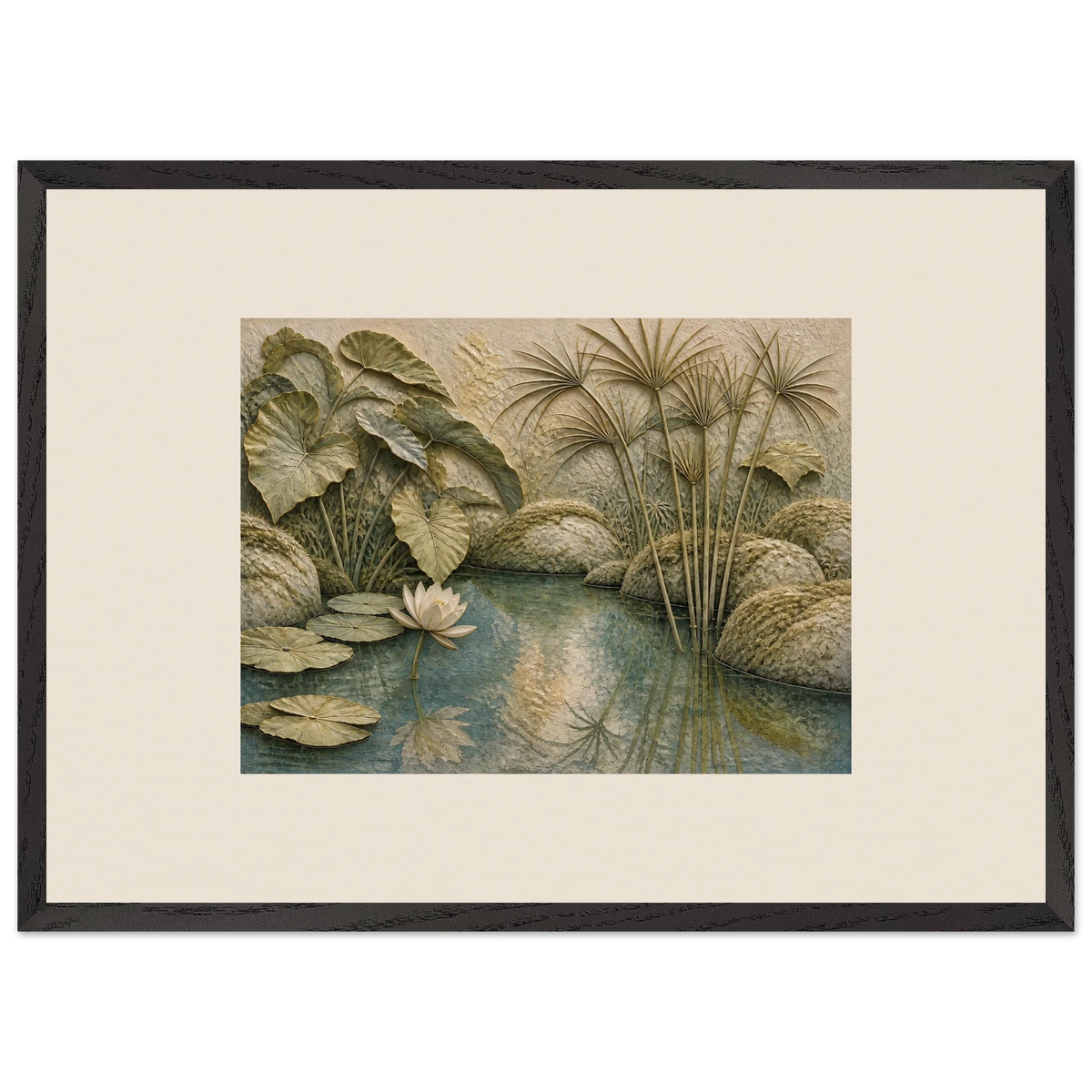 Papyrus Pond: lake, papyrus and serene greens. Framed fine art print by The Light Stays.