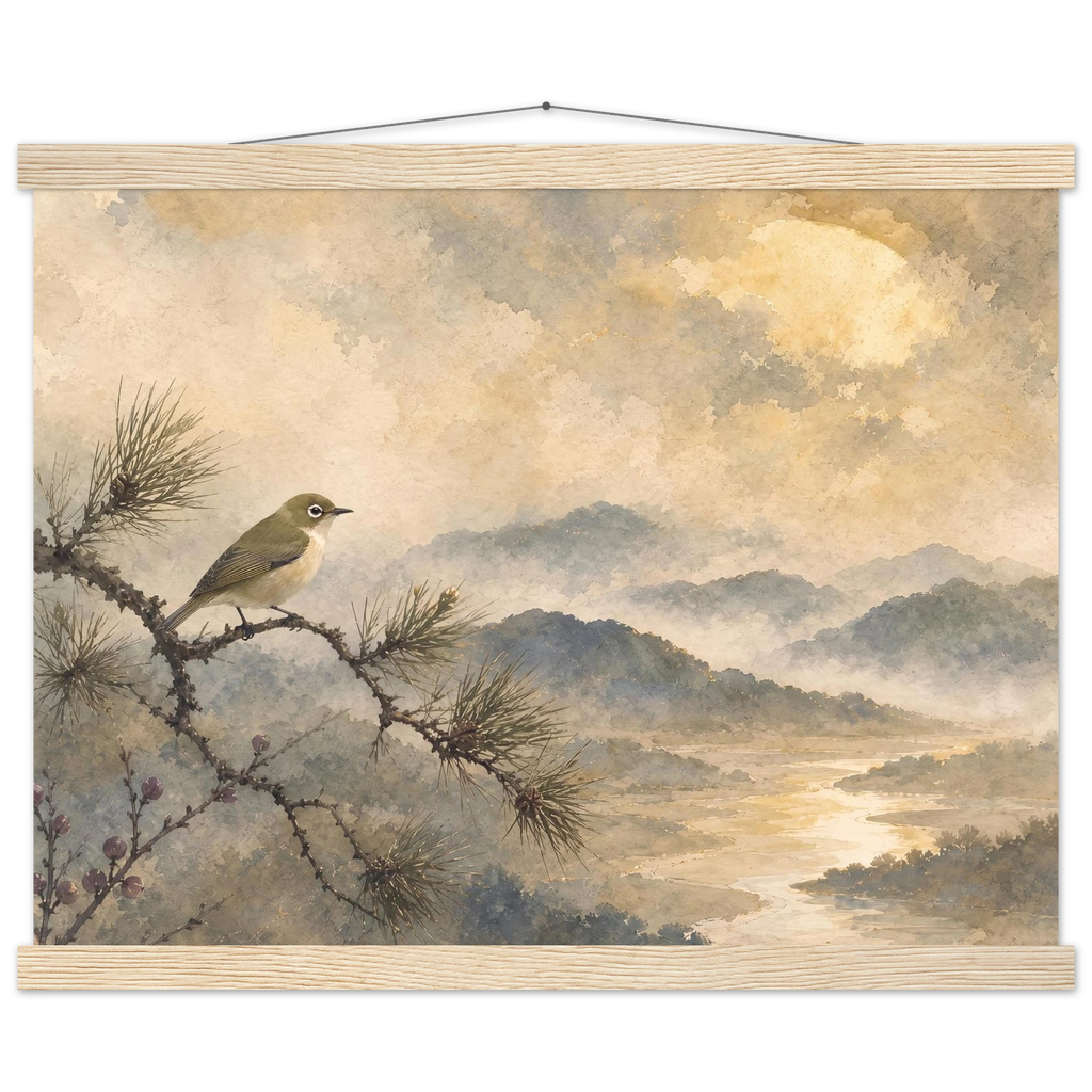 Golden Moon Bird: japanese art and japandi. Fine art poster by The Light Stays.