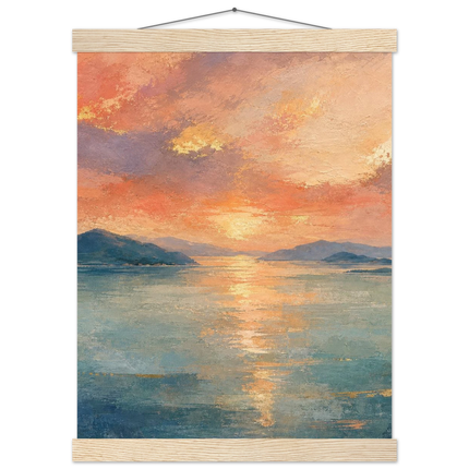 Setouchi Peach Dawn: inland sea, islands and golden reflection. Fine art poster with wooden hanger by The Light Stays.