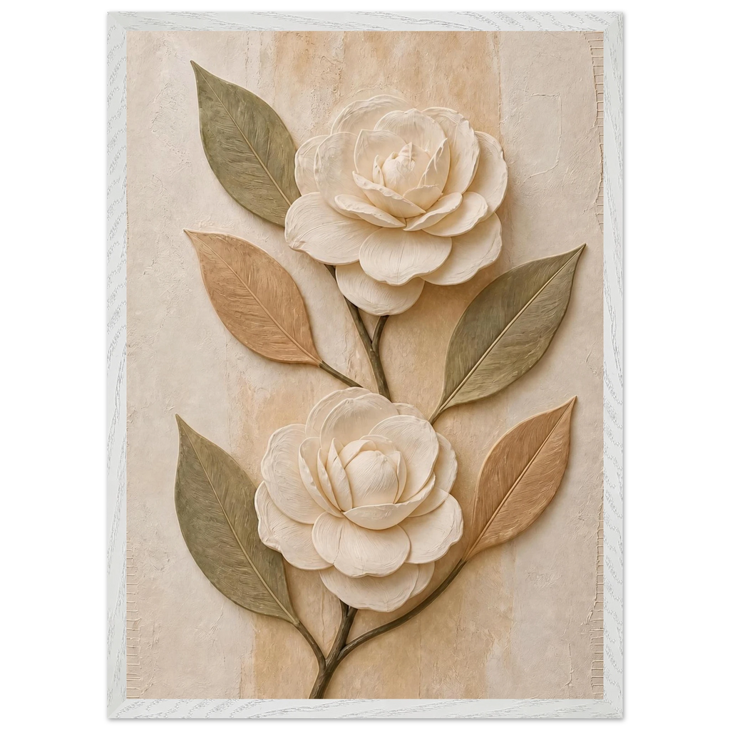 Carved Camellia: flowers and botanical. Museum-quality framed fine art print.