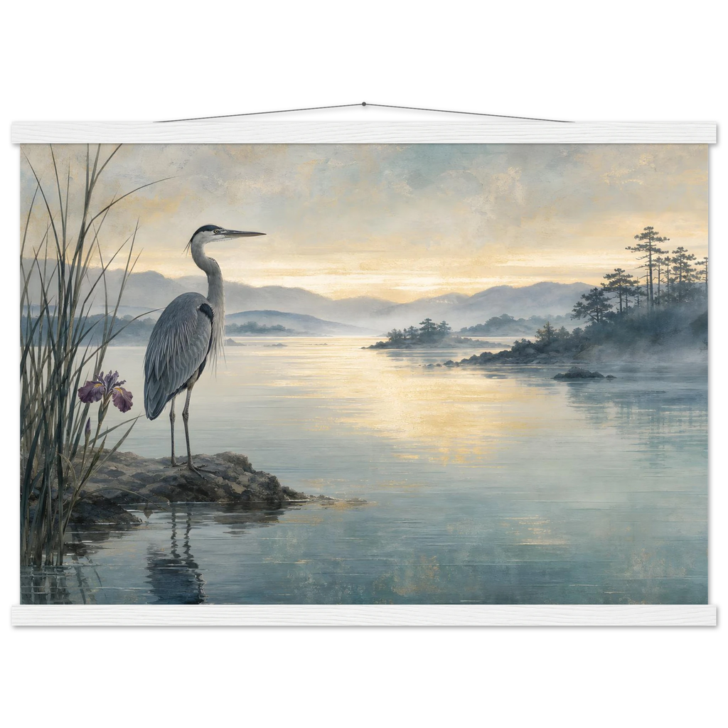 Heron at Dawn: japanese art and japandi. Fine art poster by The Light Stays.