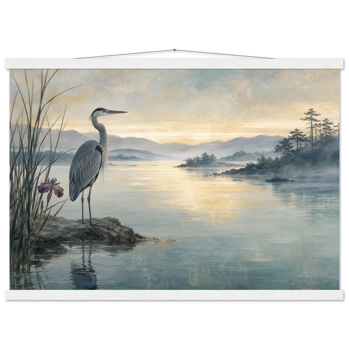 Heron at Dawn: japanese art and japandi. Fine art poster by The Light Stays.