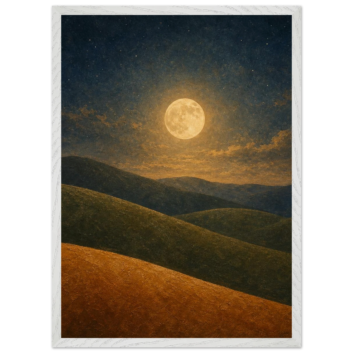 Moon Hills: night, minimalist landscape and charcoal. Framed fine art print by The Light Stays.