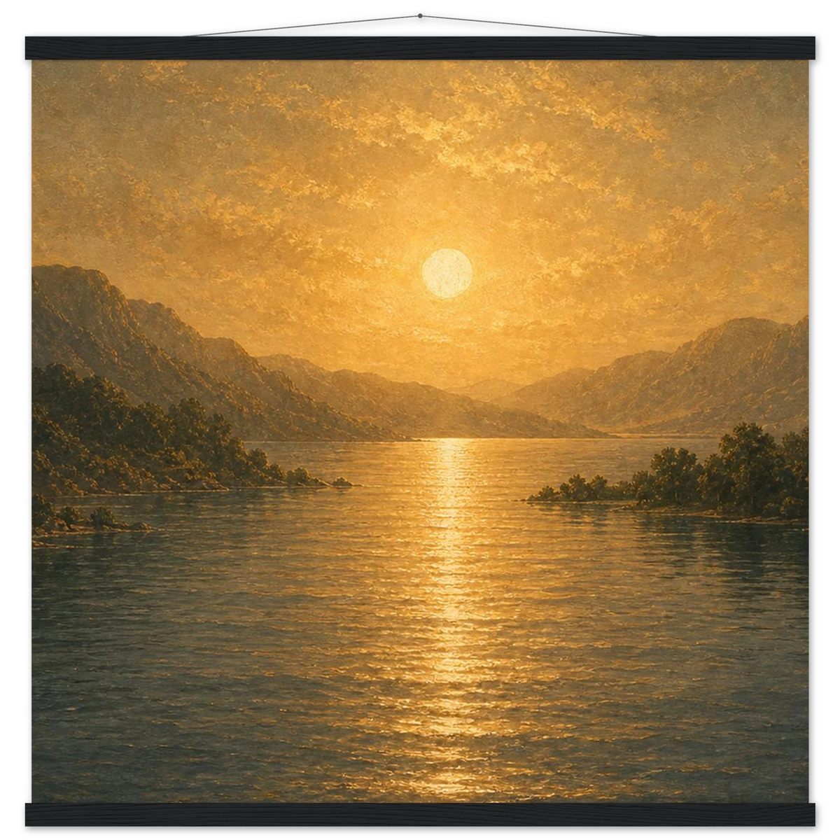 Golden Reflection: lake, sunset and mountains. Fine art poster with wooden hanger by The Light Stays.