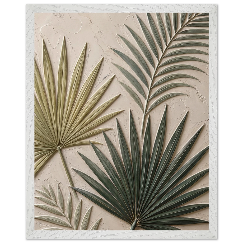 Carved Fronds, impasto, leaves and sand tones. Archival framed fine art print shown framed.