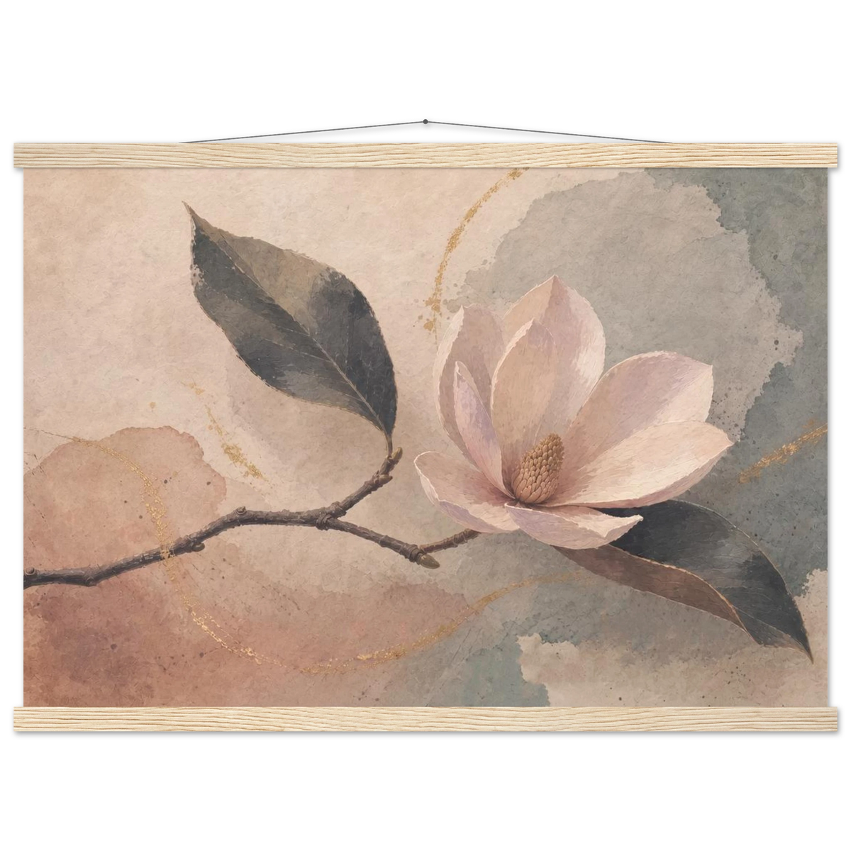 Magnolia Reverie: botanical, sage and japandi. Fine art poster with wooden hanger by The Light Stays.
