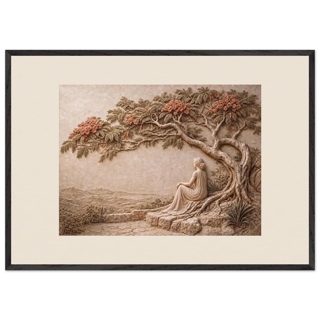Under the Blossoms, impasto, figure and blossoming canopy. Archival framed fine art print shown framed.