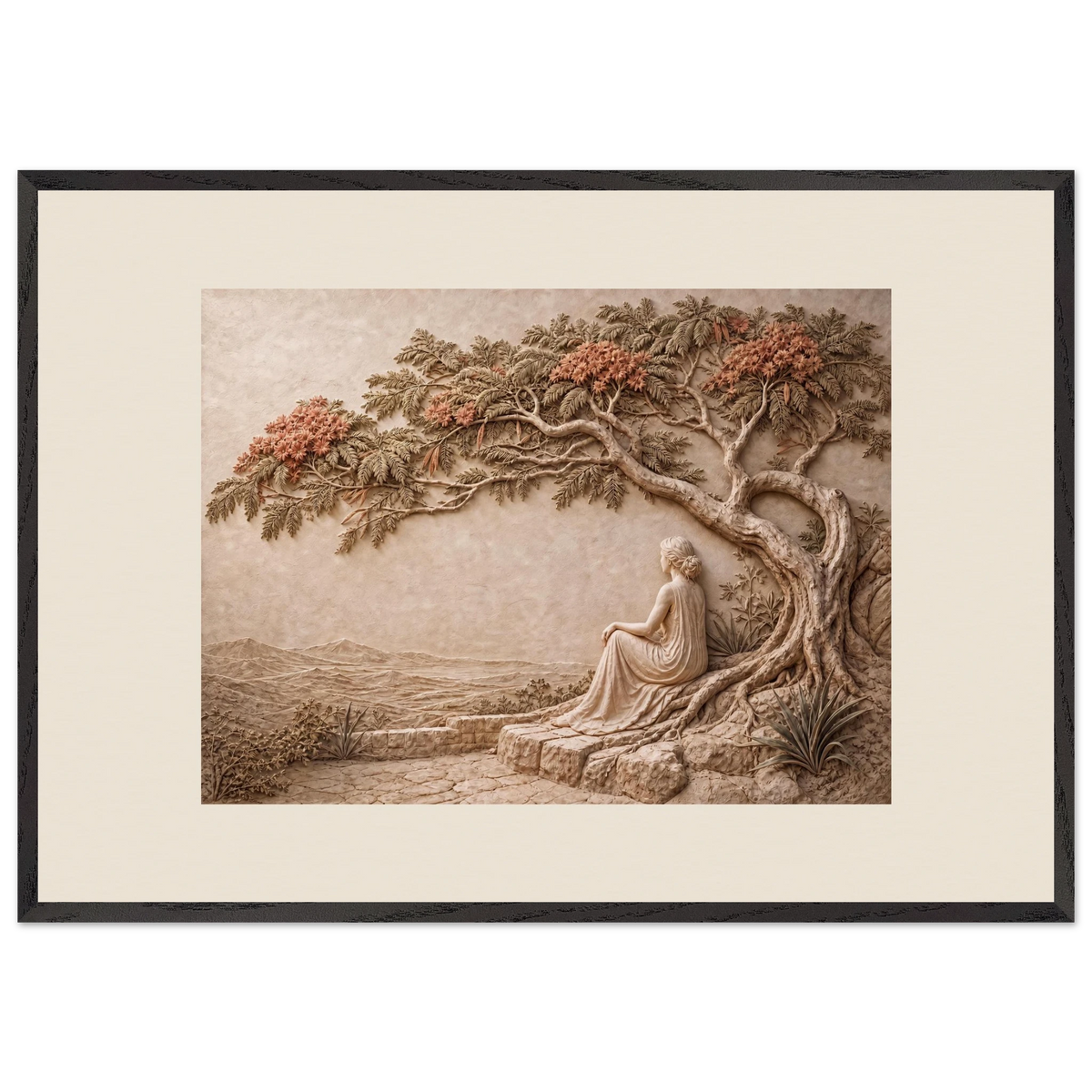 Under the Blossoms, impasto, figure and blossoming canopy. Archival framed fine art print shown framed.