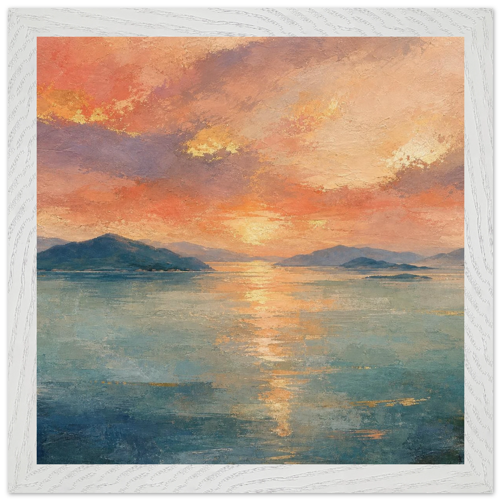 Setouchi Peach Dawn: riviera and japandi. Framed fine art print, alternate frame and size.