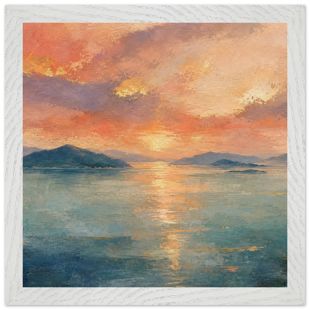 Setouchi Peach Dawn: riviera and japandi. Framed fine art print, alternate frame and size.