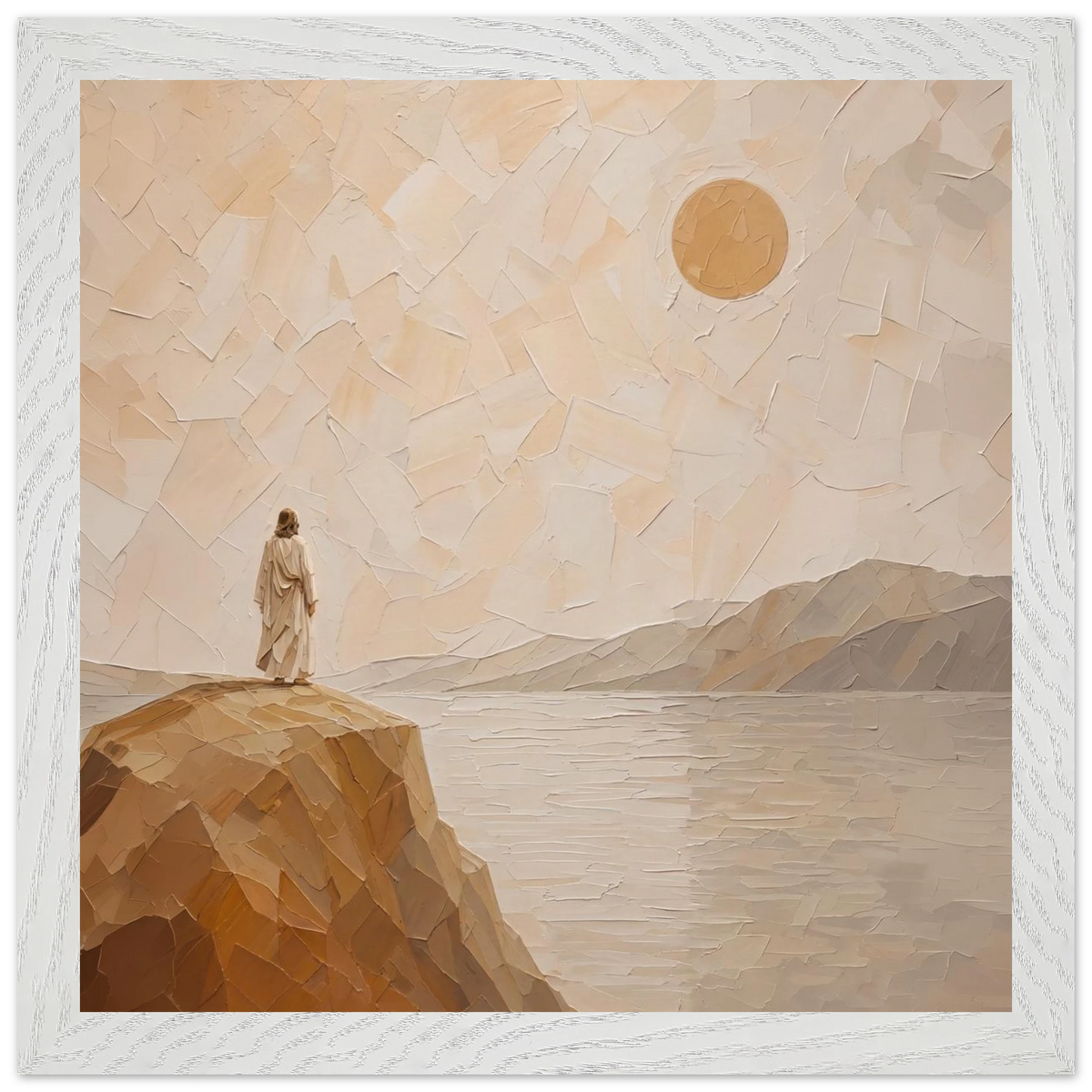 Salt Shore: jesus, cliff and sea. Framed fine art print by The Light Stays.